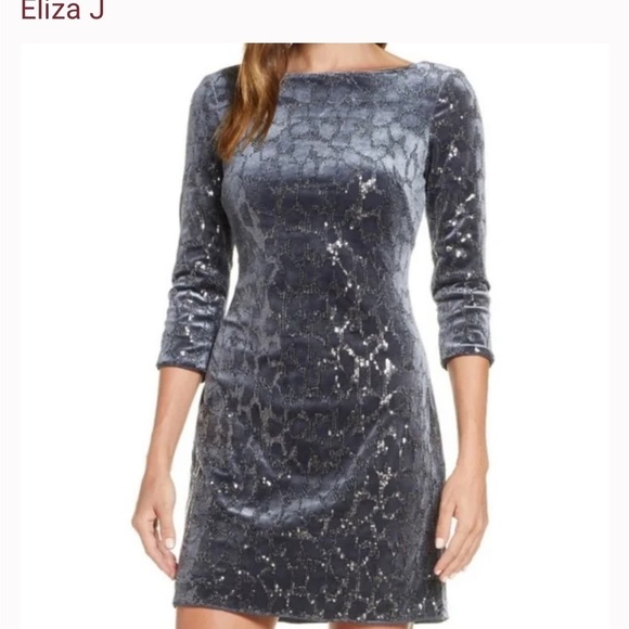 Eliza J Sequined Velvet 3/4 Sleeve Sheath Dress in Grey - Picture 2 of 7